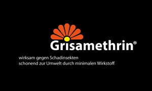 Logo Grisamethrin, weiße Schrift, orangene Blütenblätter auf schwarzem Hintergrund